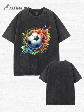 Vintage Washed Floral Soccer Graphic Tee - 300GSM Heavyweight Cotton