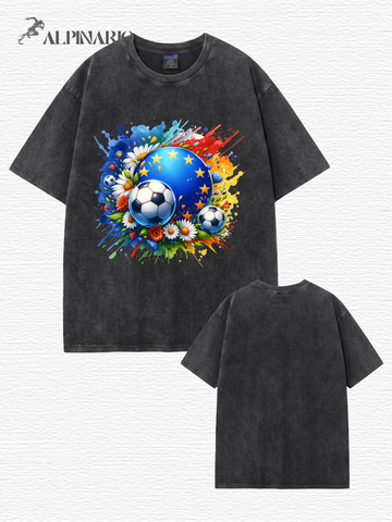 Vintage Washed European Soccer Floral Graphic Oversized Cotton T-Shirt