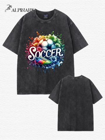 Vintage Washed Graphic Soccer T-Shirt - Colorful Floral Ball Print