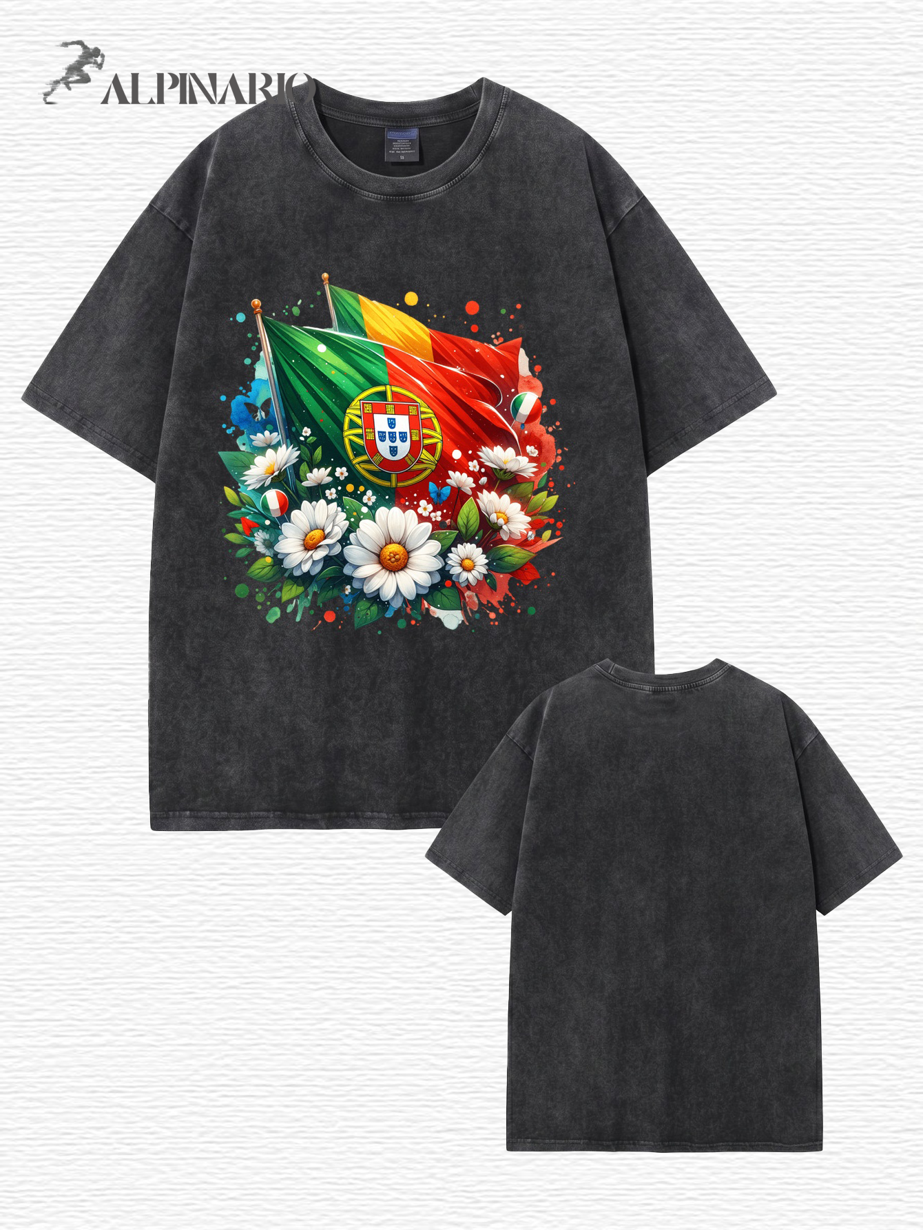 Vintage Washed Portugal Flag Floral Print Heavyweight Cotton Tee