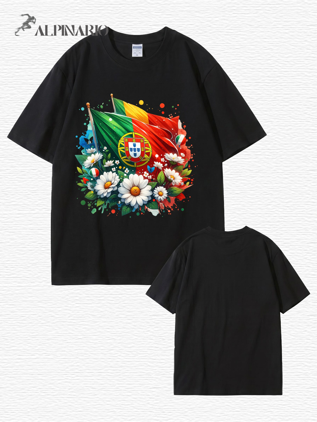 Portugal Flag & Floral Graphic Print Cotton T-Shirt