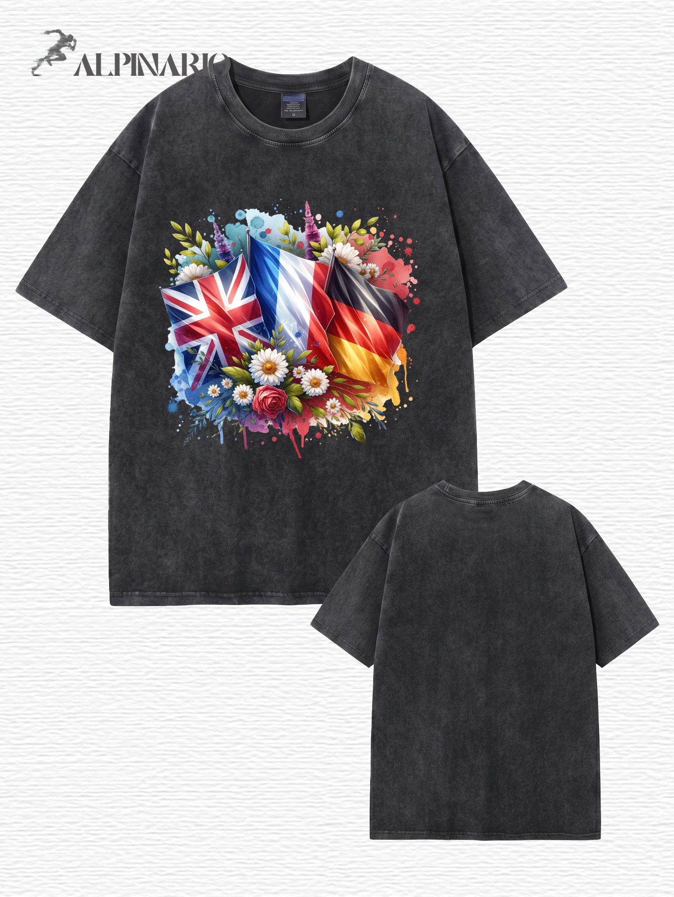 Vintage Washed Cotton T-Shirt with UK, France, Germany Flag Floral Print