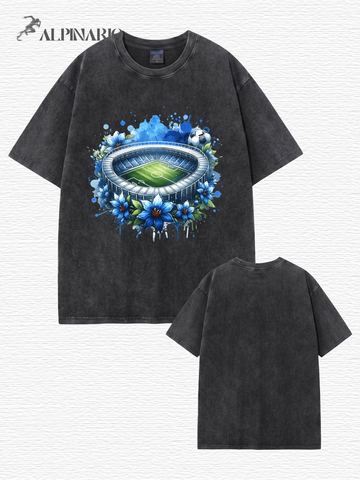 Vintage Washed Graphic T-Shirt - Soccer Stadium Floral Print Tee