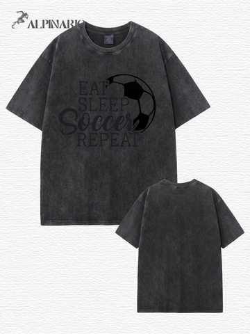 Vintage Washed Eat Sleep Soccer Repeat Graphic Tee - 300GSM Heavyweight Cotton