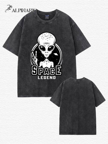 Space Legend Alien Graphic Vintage Washed Heavyweight Cotton T-Shirt