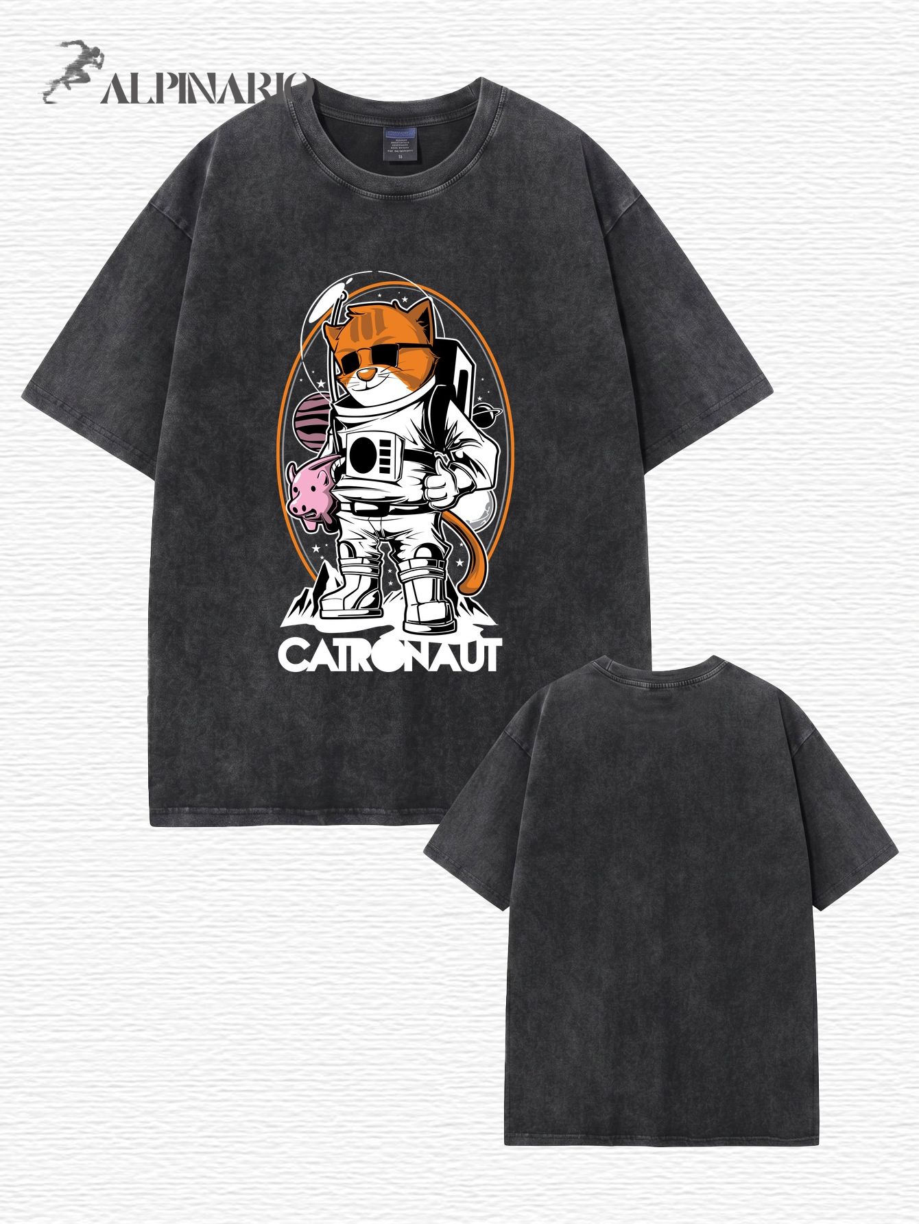 Vintage Washed Catronaut Space Cat Graphic T-Shirt