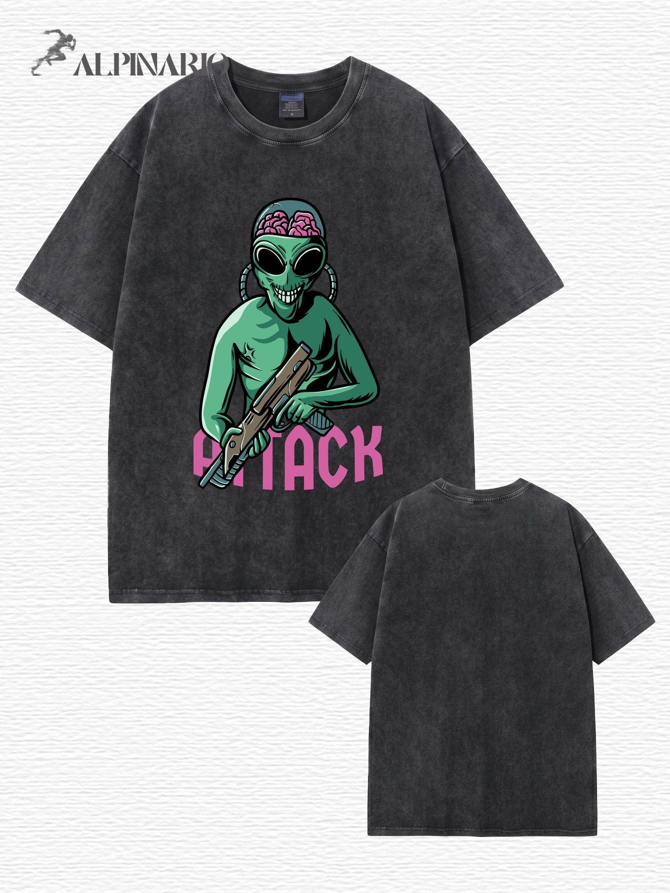 Vintage Washed Alien Attack Graphic Heavyweight Cotton T-Shirt
