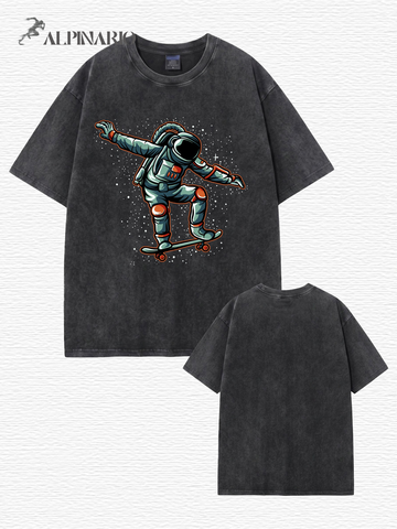 Vintage Washed Astronaut Skater Graphic T-Shirt - 300GSM Heavyweight Cotton