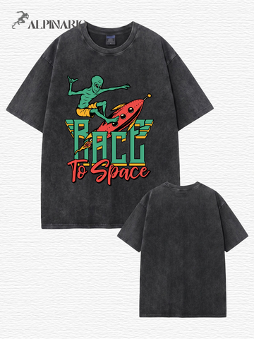 Race to Space Alien Graphic Tee - Vintage Washed Cotton Oversized T-Shirt