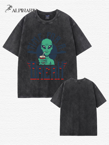 Vintage Washed Alien 'Time For A Break' Graphic T-Shirt - 300gsm Heavyweight Cotton