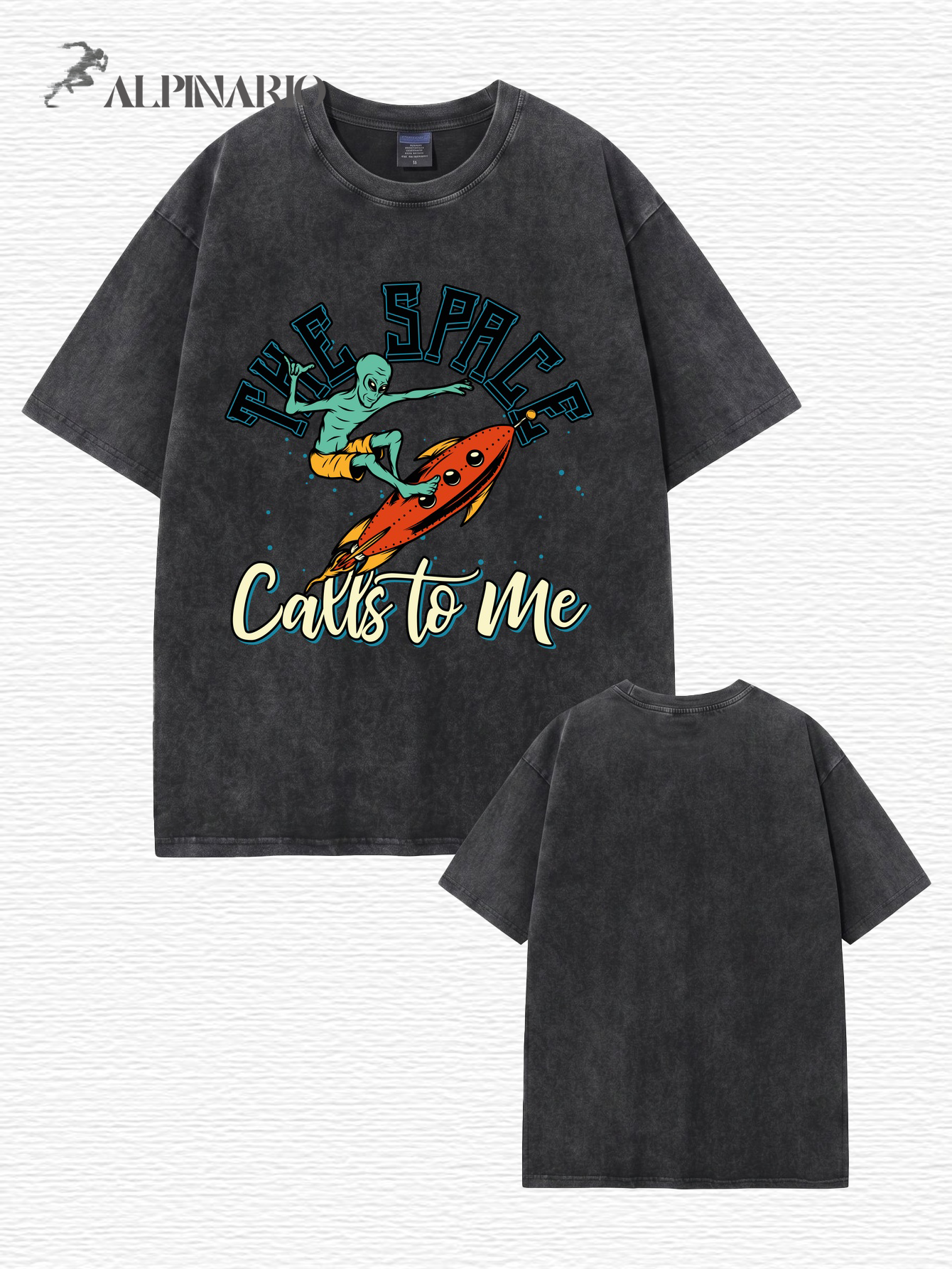 Vintage Washed Cotton T-Shirt - Alien Surfing Rocket Graphic Print Tee