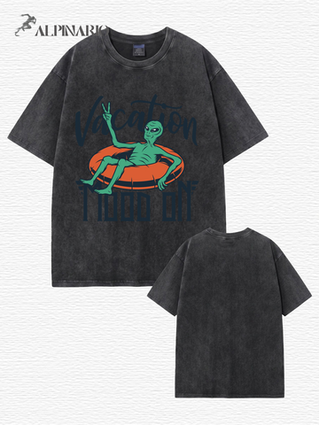 Vintage Washed Alien Vacation Graphic T-Shirt | Relaxed Fit Heavyweight Cotton