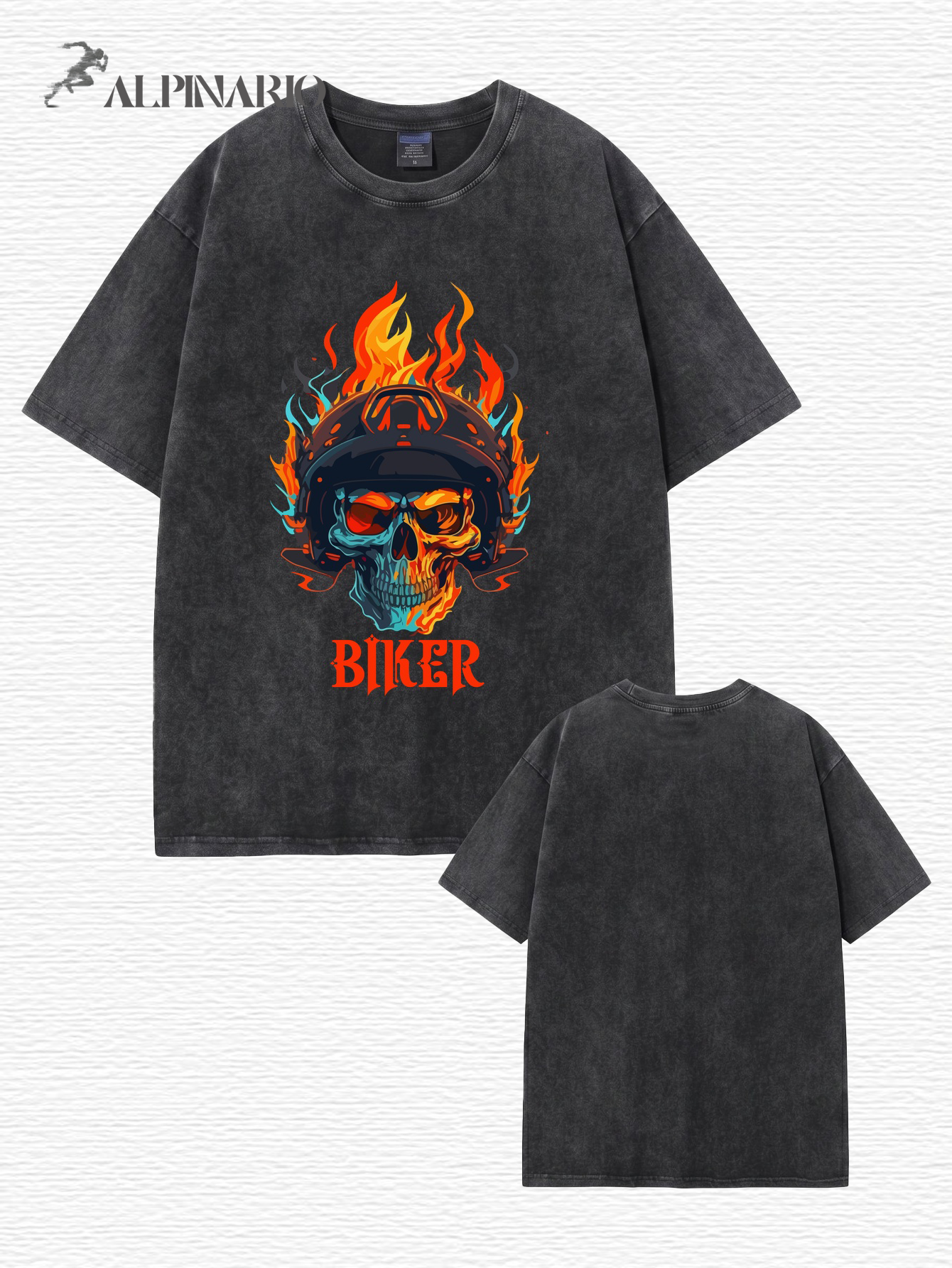 Vintage Washed Biker Skull Flame Graphic T-Shirt | 300GSM Heavyweight Cotton