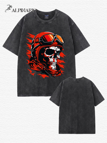 Vintage Washed Skull Biker Graphic Tee - 300GSM Heavyweight Cotton