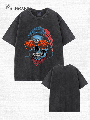 Vintage Washed Graphic T-Shirt - Cool Skull with Sunglasses Print