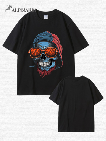 Cool Skull Graphic Print T-Shirt with Sunglasses & Hooded Design