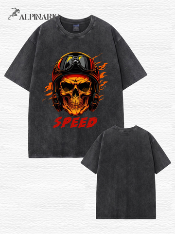 Vintage Washed Speed Skull Graphic T-Shirt - Heavyweight Cotton Tee