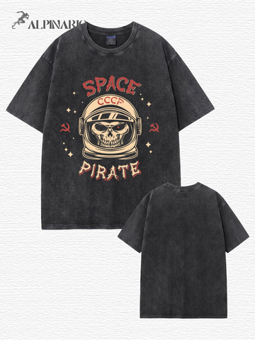 Vintage Washed Space Pirate Skull Graphic T-Shirt - USSR CCCP Aesthetic