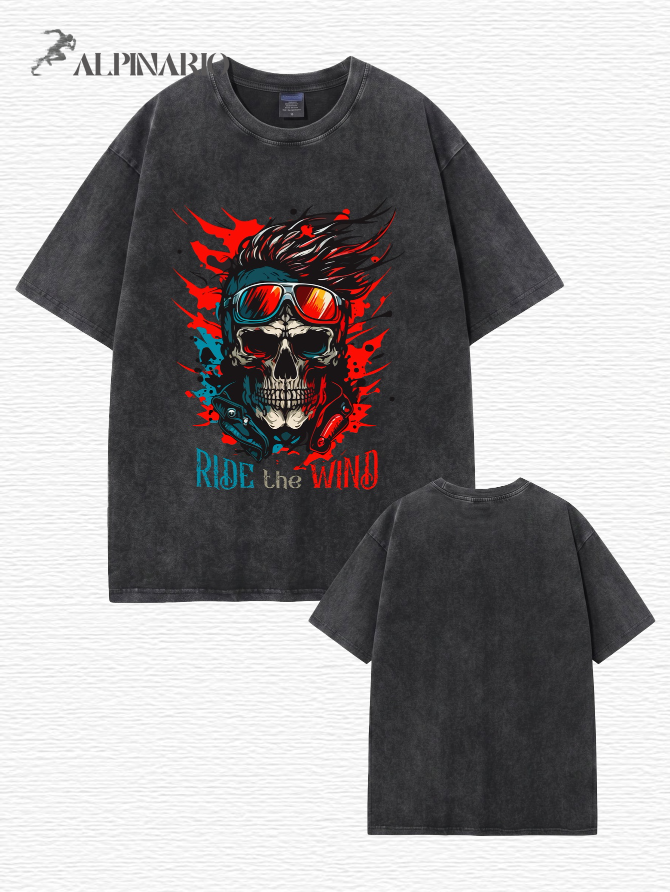 Vintage Washed Oversized T-Shirt - Ride the Wind Skull Graphic Print Tee