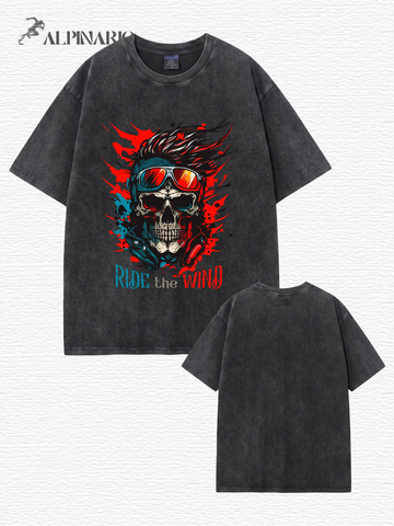 Vintage Washed Oversized T-Shirt - Ride the Wind Skull Graphic Print Tee