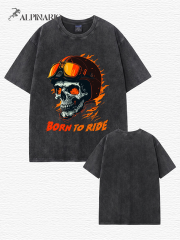 Born To Ride Skull Graphic Vintage Washed Heavyweight Cotton T-Shirt