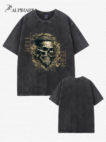 Vintage Washed Graphic T-Shirt: Bearded Skull 'HELL YEAH' Print