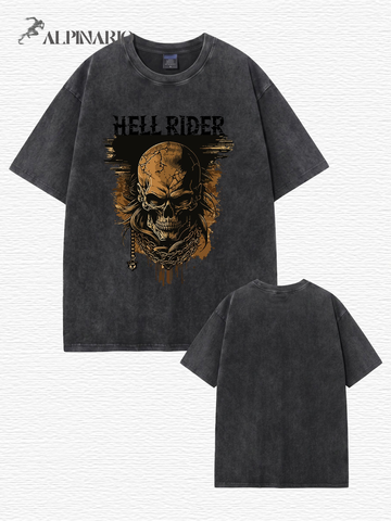Vintage Washed Hell Rider Skull Graphic Tee - Heavyweight Cotton Streetwear