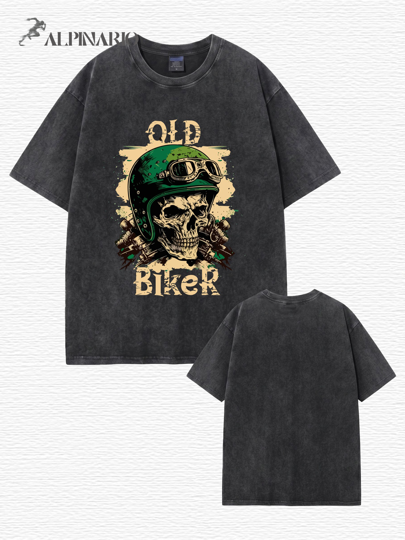 Vintage Washed Old Biker Skull Print Heavyweight Cotton T-Shirt