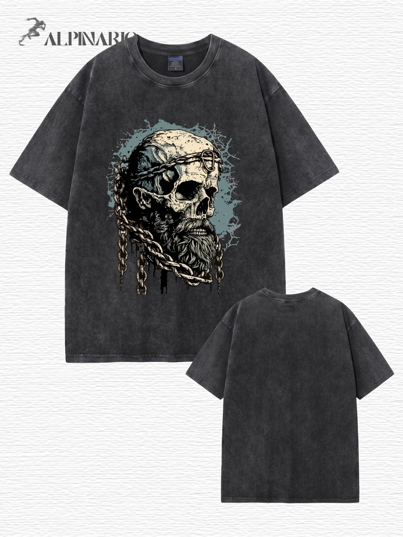 Vintage Washed Oversized T-Shirt with Bearded Skull Chains Graphic