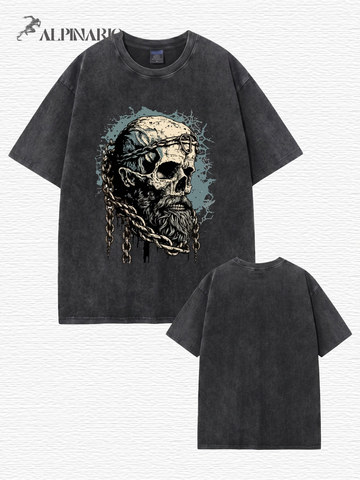 Vintage Washed Oversized T-Shirt with Bearded Skull Chains Graphic