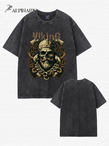 Vintage Washed Viking Skull Graphic T-Shirt - Heavyweight Cotton Streetwear