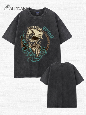 Vintage Washed Viking Skull Graphic Print Oversized Heavyweight Cotton T-Shirt