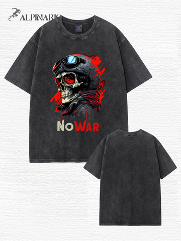 Vintage Washed No War Skull Graphic T-Shirt - Heavyweight Cotton Streetwear
