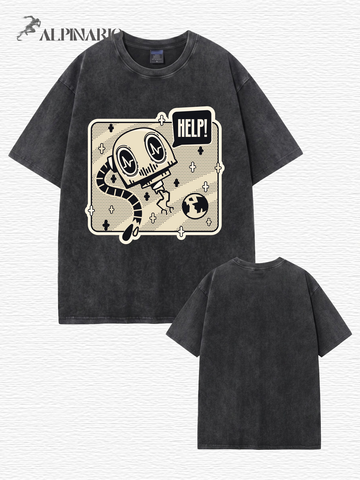 Vintage Washed Graphic T-Shirt - HELP! Robot Cartoon Print Heavyweight Cotton