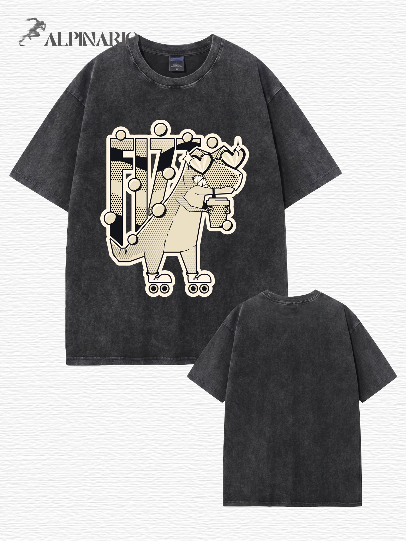 Vintage Washed Roller-Skating Dinosaur Graphic T-Shirt