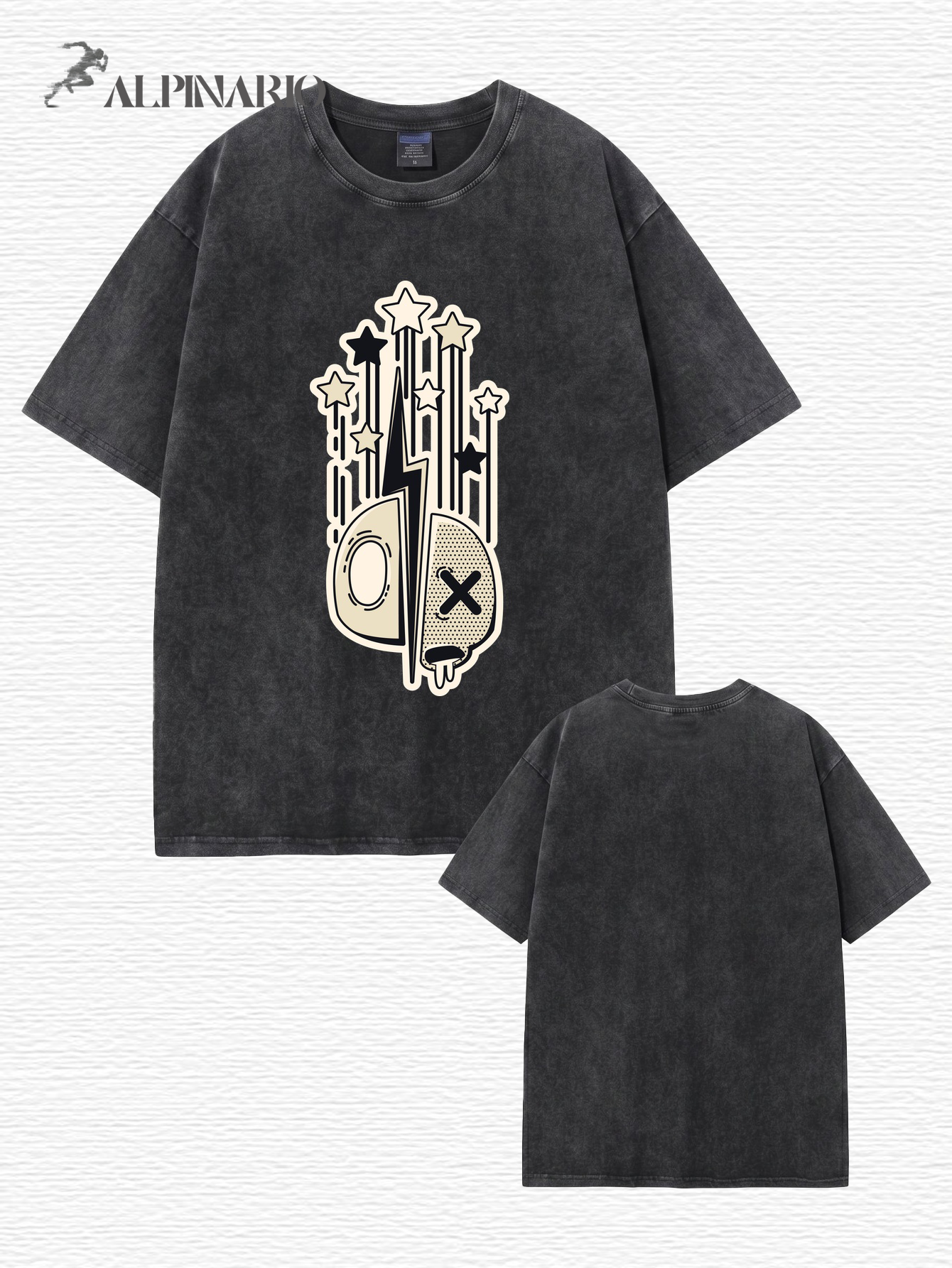 Vintage Acid Wash T-Shirt - Graphic Star & Lightning Skull Print - 300GSM Cotton