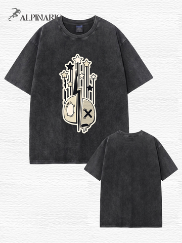 Vintage Acid Wash T-Shirt - Graphic Star & Lightning Skull Print - 300GSM Cotton