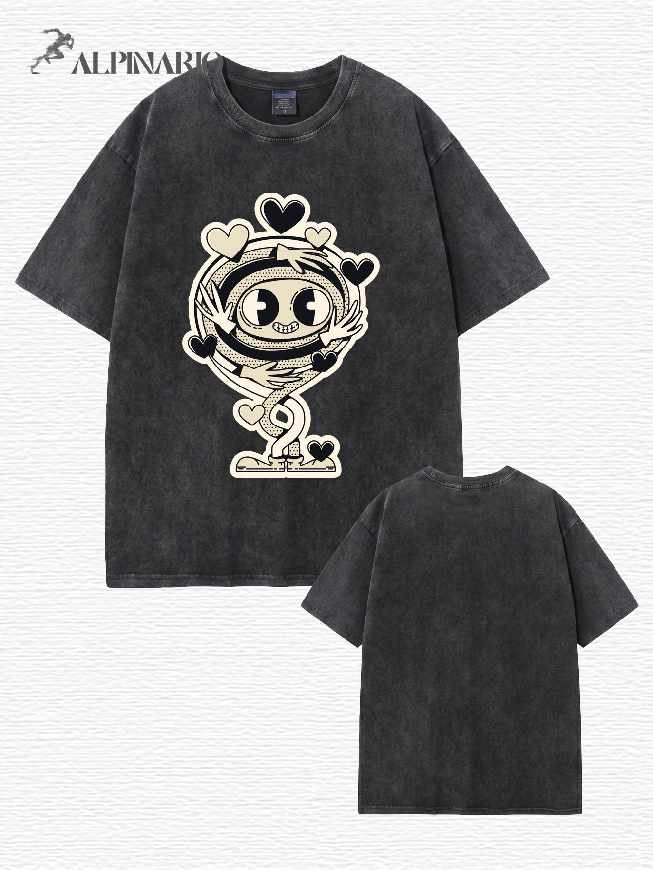 Vintage Washed Graphic T-Shirt - Cartoon Hugging Heart Print Oversized Tee