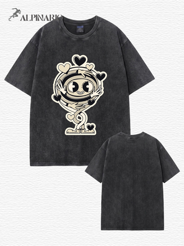 Vintage Washed Graphic T-Shirt - Cartoon Hugging Heart Print Oversized Tee