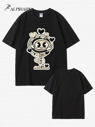 Cartoon Spiral Heart Hug Graphic Cotton T-Shirt