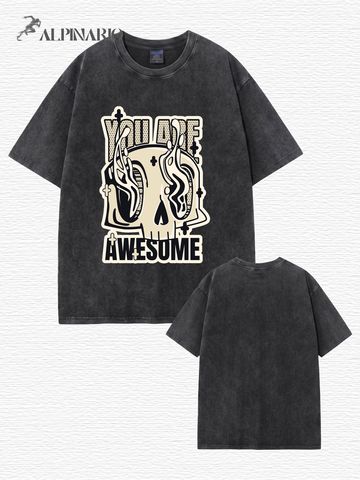 Vintage Washed Oversized T-Shirt - 'You Are Awesome' Skull Graphic Print