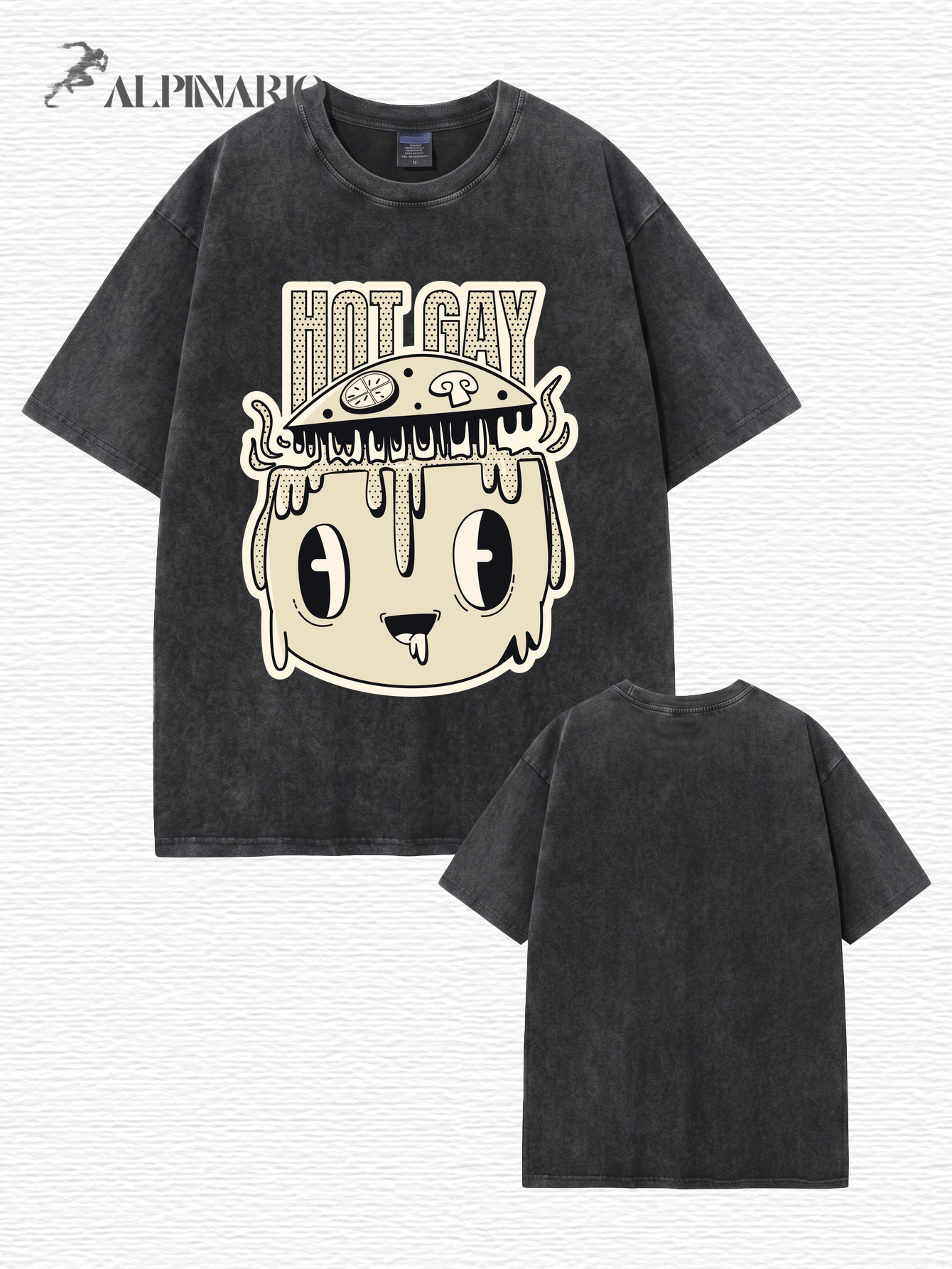 Vintage Washed Graphic T-Shirt - 'HOT GAY' Mushroom Pizza Cartoon Print