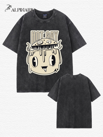 Vintage Washed Graphic T-Shirt - 'HOT GAY' Mushroom Pizza Cartoon Print