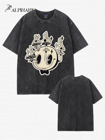 Vintage Washed Mushroom Skull Graphic Tee - Heavyweight Cotton Streetwear