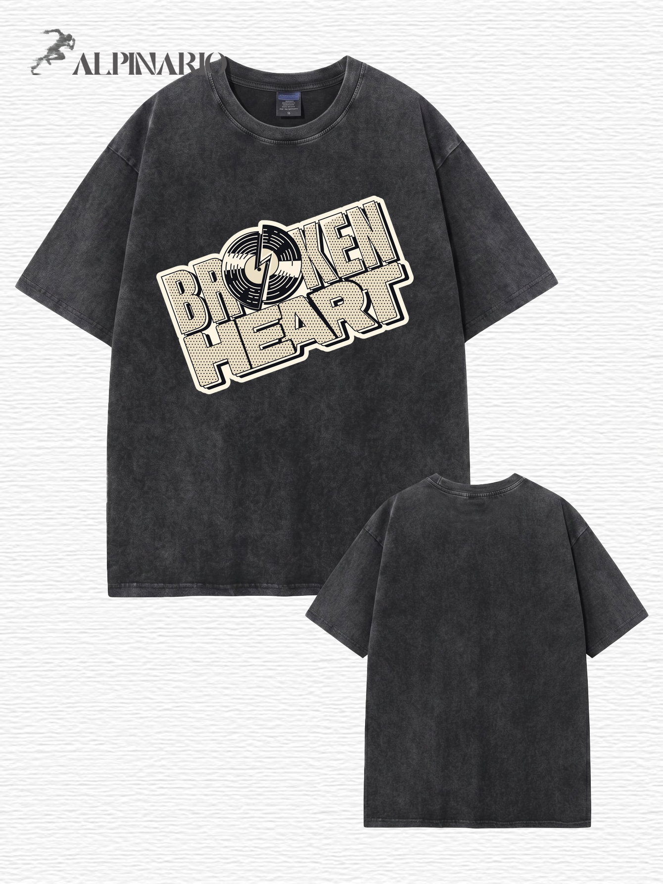 Broken Heart Vinyl Record Graphic Vintage Washed Heavyweight Cotton T-Shirt