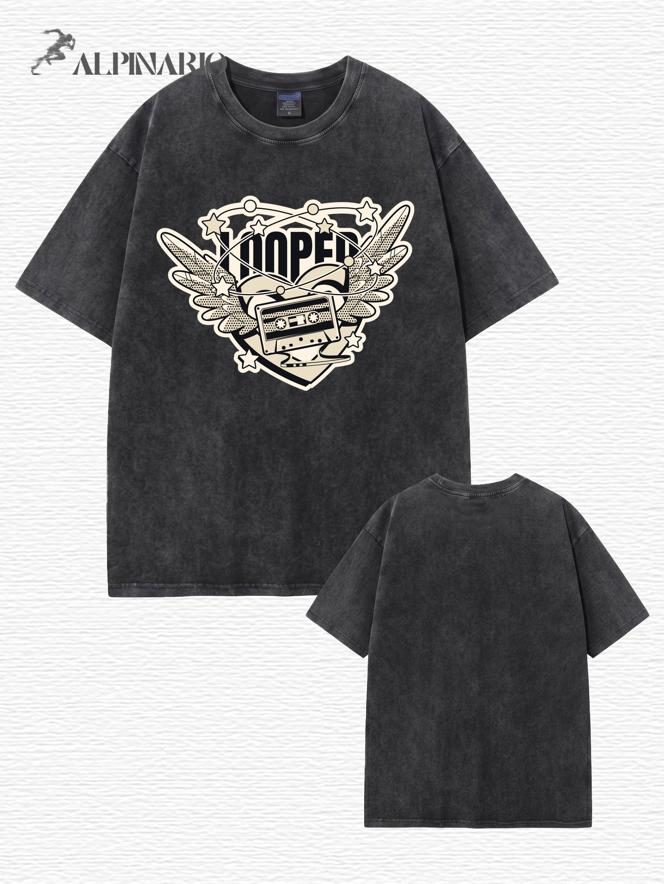 Vintage Washed Graphic T-Shirt - Retro Cassette Tape & Wing Design