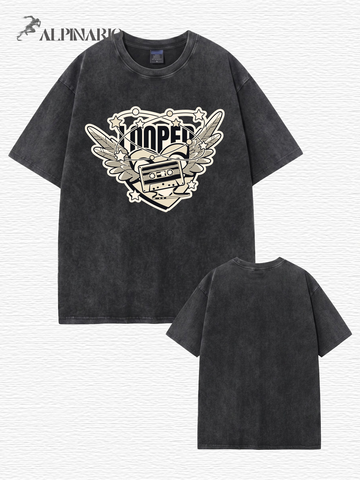 Vintage Washed Graphic T-Shirt - Retro Cassette Tape & Wing Design