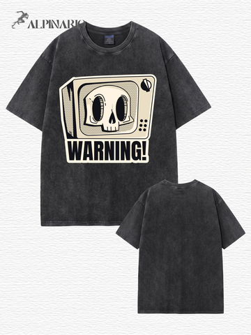 Vintage Washed Oversized T-Shirt with Retro TV Skull Graphic Print