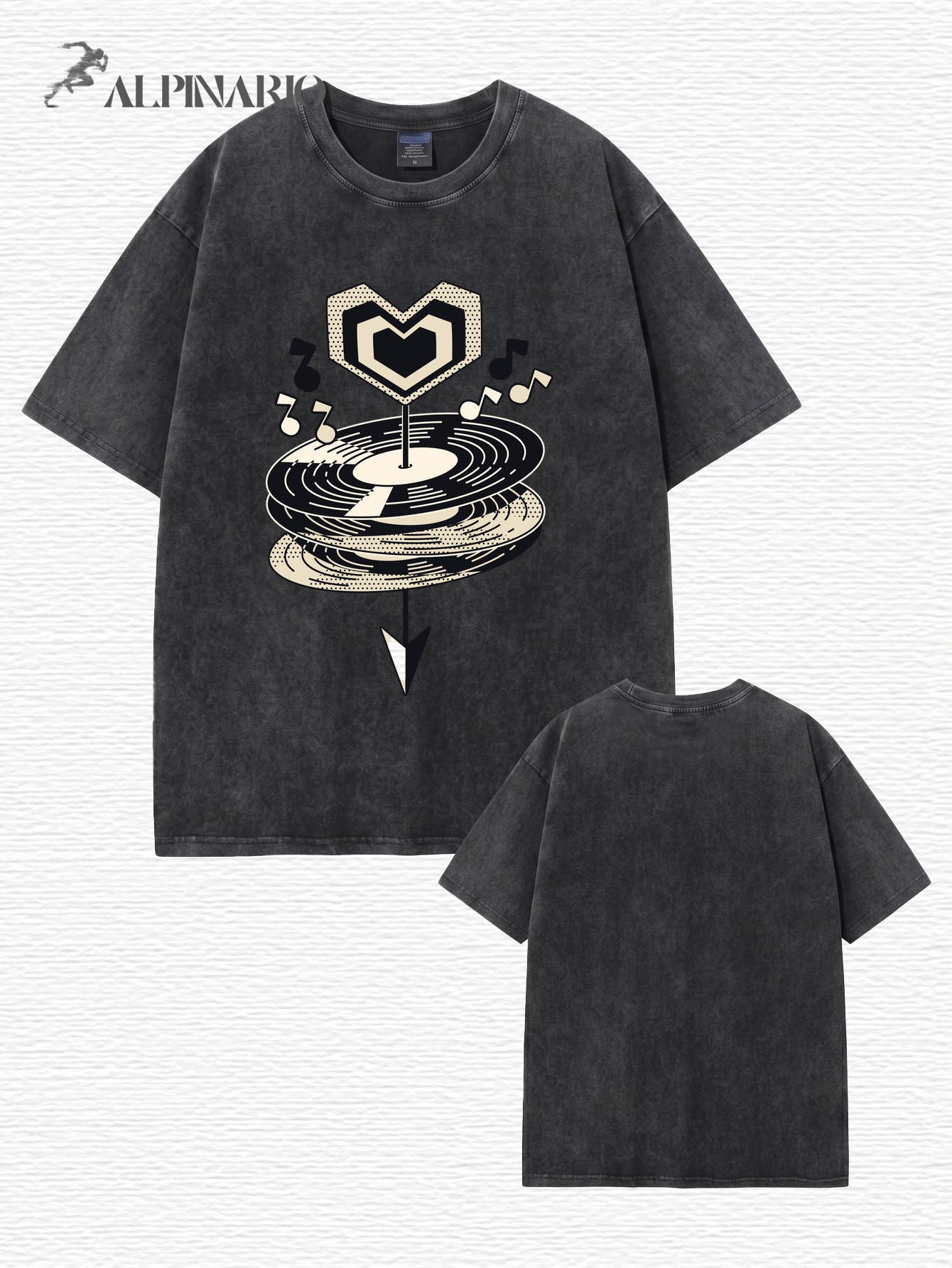 Vintage Washed Oversized T-Shirt with Music Vinyl Heart Graphic Print