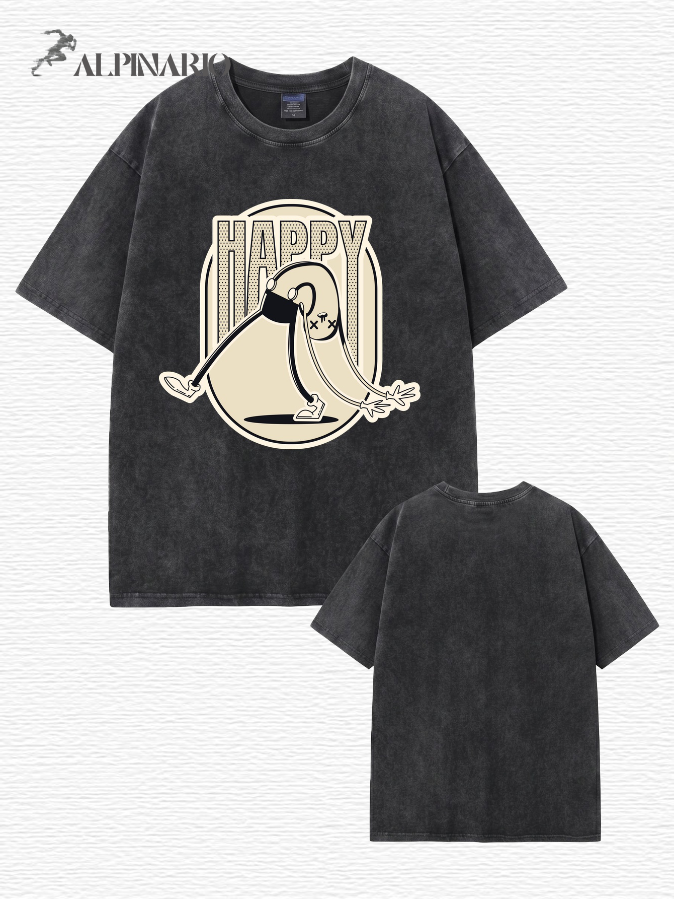 Vintage Washed Happy Cartoon Graphic T-Shirt - 300gsm Heavyweight Cotton